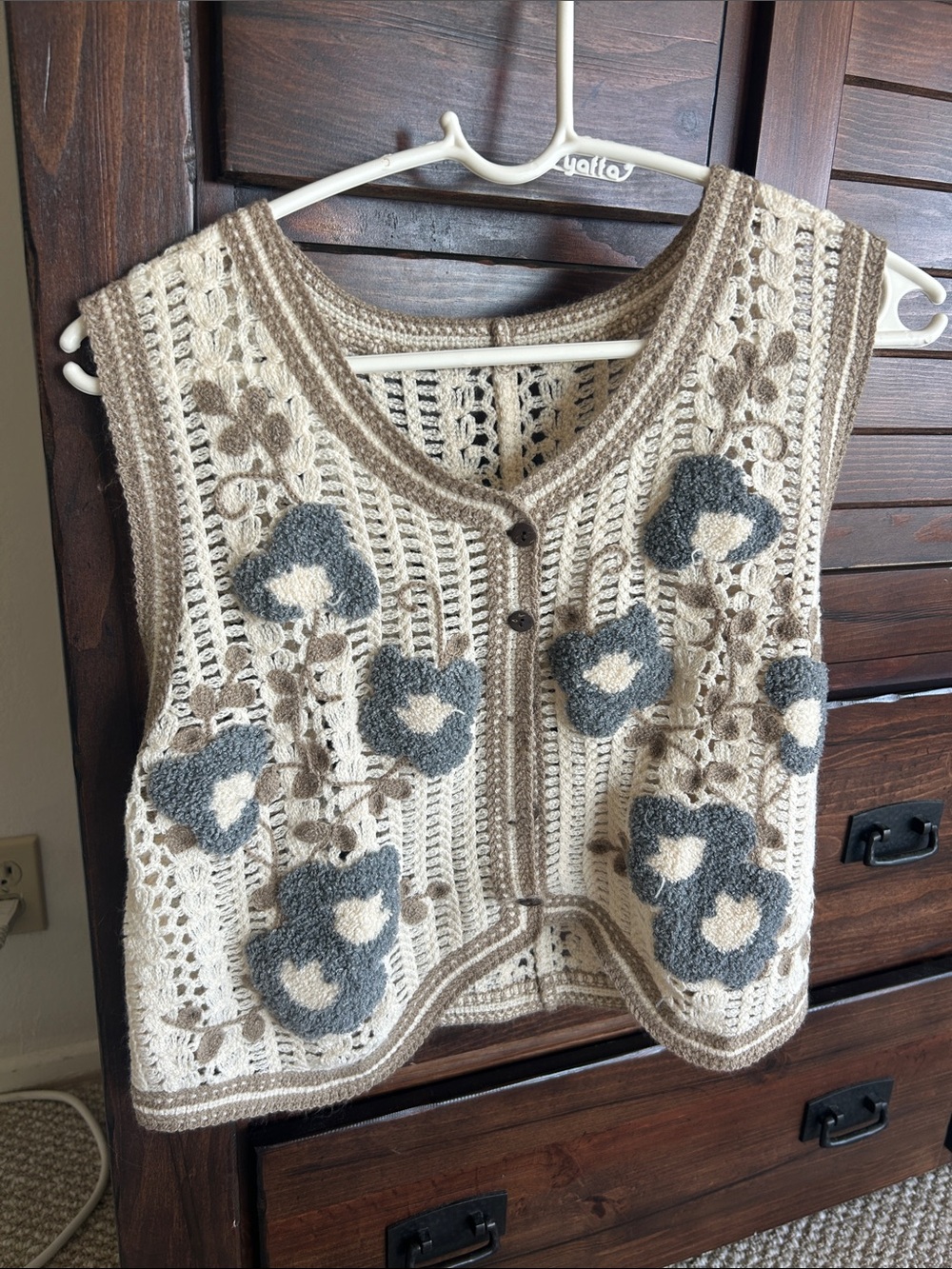 Crocheted Floral Appliqué Vest in Cream and Gray